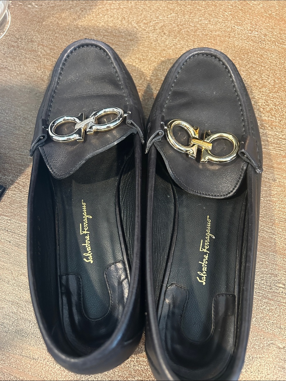 Salvatore Ferragamo Black Leather Loafers with Mixed Metal Gancini